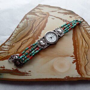 Peyote Bird Santa Fe Wrist Watch Sterling Turquoise and coral